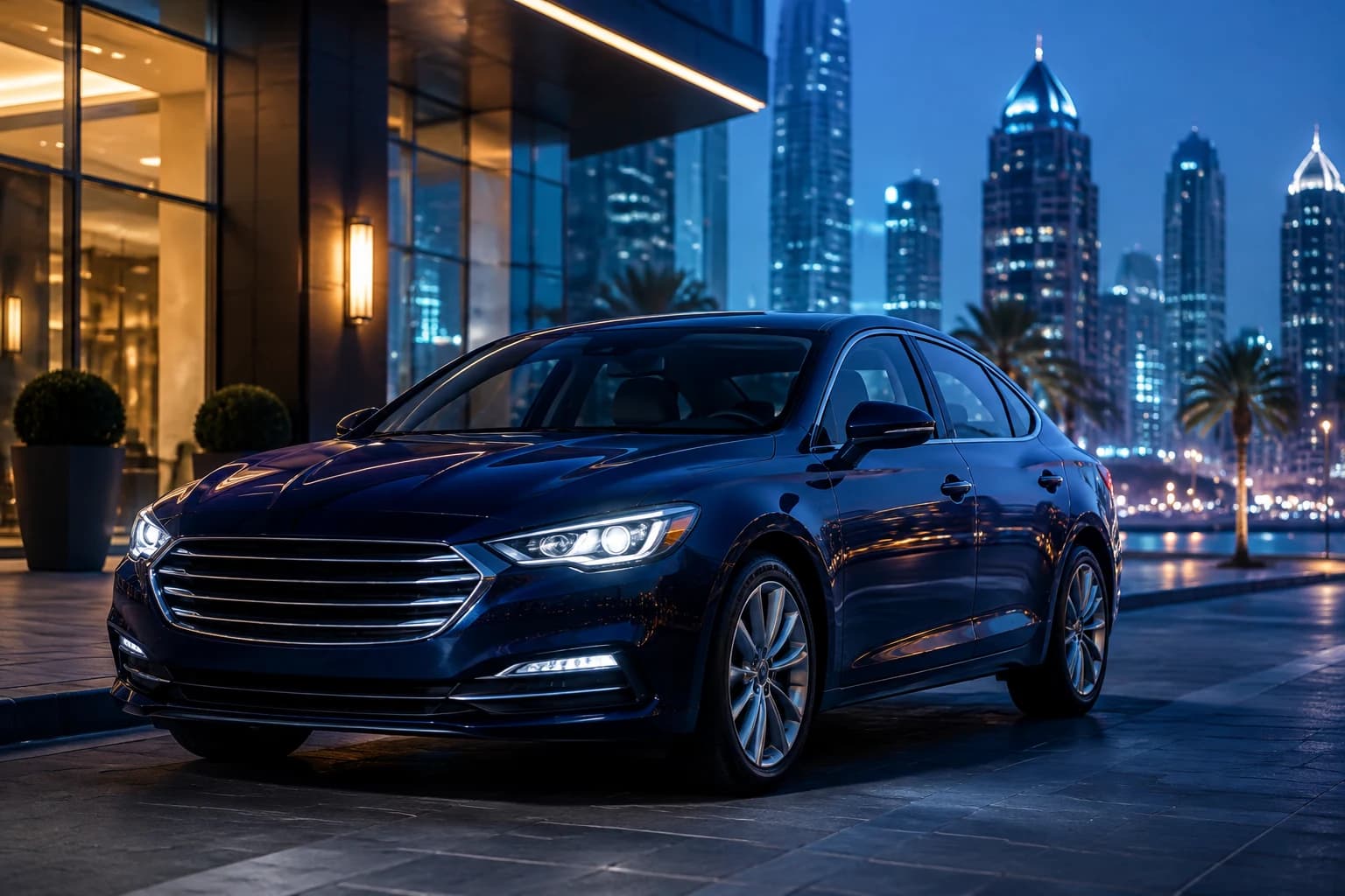 Illustration of a dark sedan beside a Gulf city waterfront at dusk